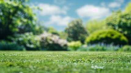 Fototapeta premium Blurred background spring nature with lush green lawn in foreground, grass blur peaceful