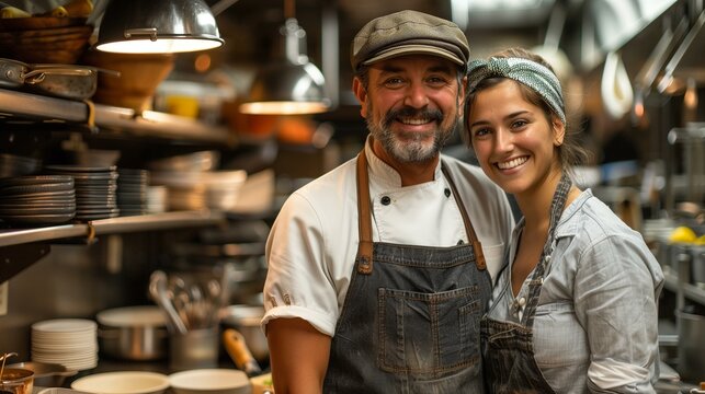 Chef waitress smiling in restaurant kitchen, hard work entrepreneurship dedication love
