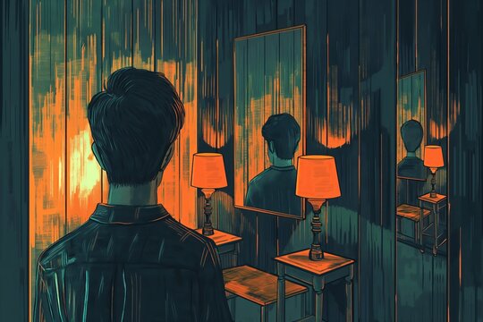 A man is standing in front of a mirror with a lamp in the background. Concept of dejavu or d&eacute;j&agrave; vu effect