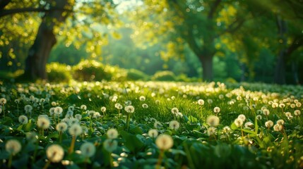 Fototapeta premium garden grass dandelion sun. Selective focus