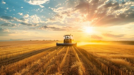 Fototapeta premium A determined, disabled farmer skillfully harvests crops with adaptive machinery under golden fields and sky.
