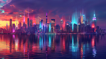 Fototapeta premium Excellent A digital painting of a cyberpunk city with red neon lights and a starry sky