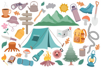 Summer camp vector set cute cartoon style elements.