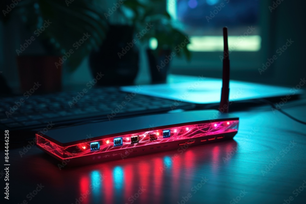 Aufkleber close-up of a lit-up ethernet router with cables on a dark, moody desk workspace