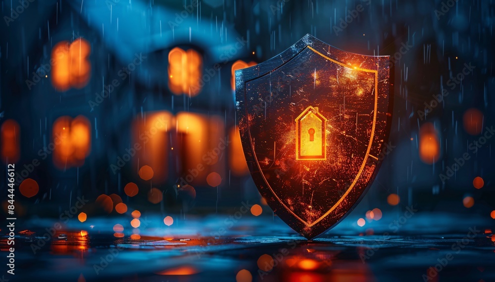 Poster illuminated shield symbolizing security and protection in front of a blurred house at night with rai