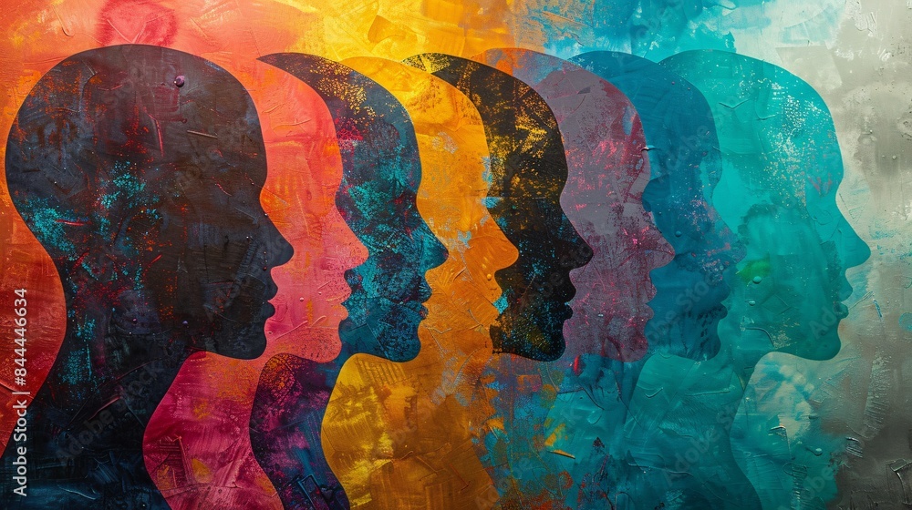 Poster colorful abstract art of human silhouettes in gradient background - vibrant and creative representat