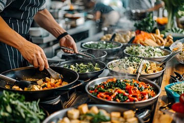 Obraz premium Chef Prepares Vegetarian Dishes at a Food Stall