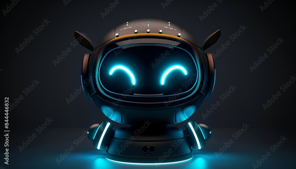Aufkleber futuristic smiling robot with glowing blue lights in dark background - high-tech ai concept for inno
