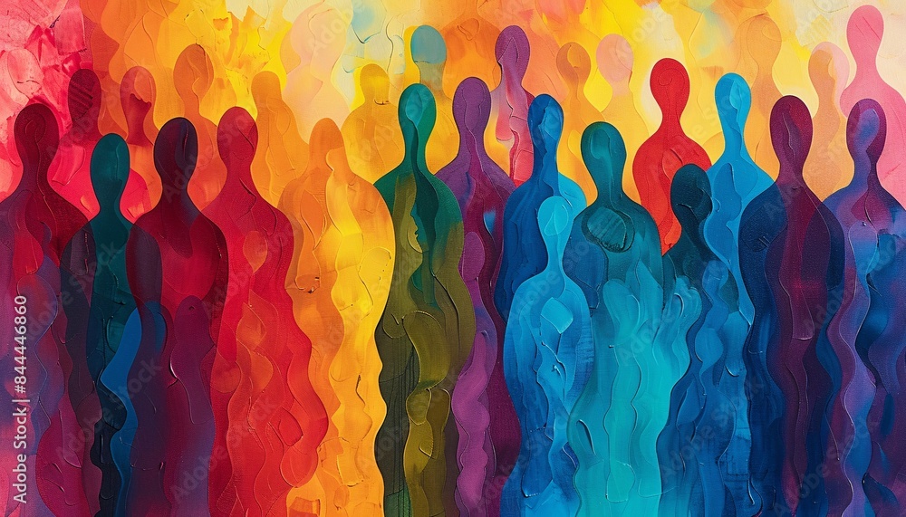 Poster vibrant abstract painting of colorful human figures in a rainbow palette, expressing diversity and u