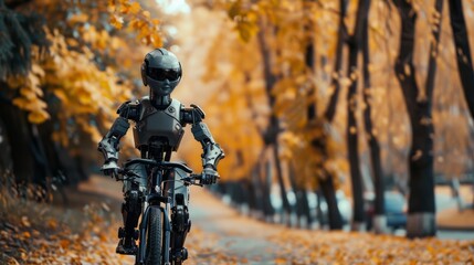 Happy Humanoid Robot Biking Through Autumn Alley