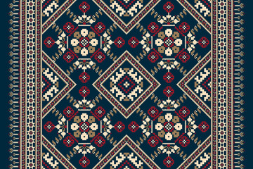 Geometric ethnic floral pattern on navy blue backgrounds vector illustration.flower cross stitch embroidery traditional.Aztec style,abstract background.design for texture,fabric,clothing,decoration.