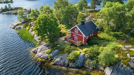 A red wooden holiday cabin sits on the shore of a lake in Sweden. There's a small sauna next to it, and the water is surrounded by green trees and rocky islands.