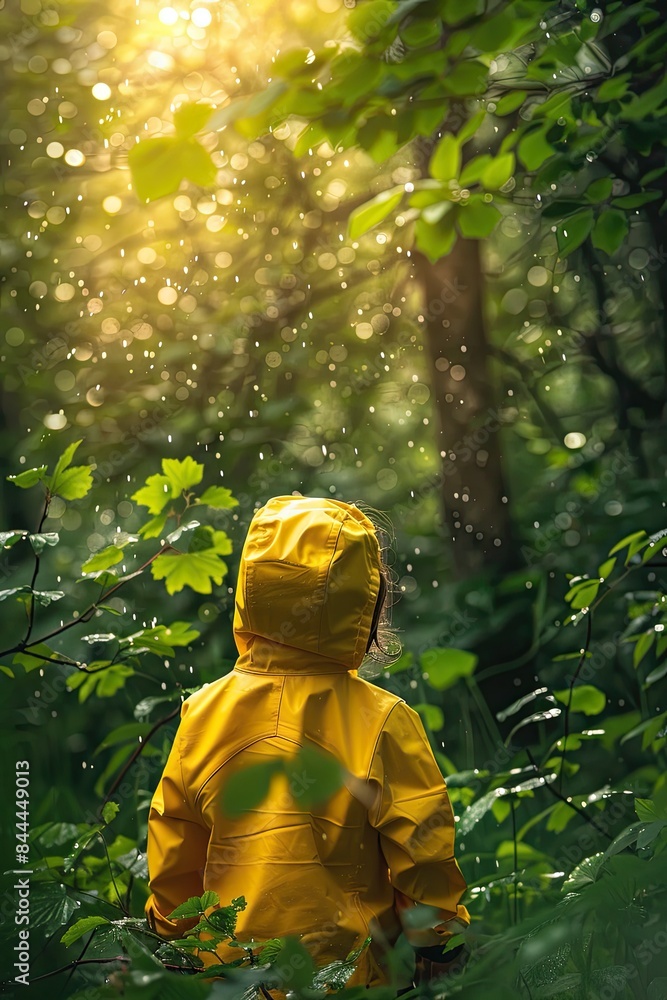 Wall mural a little girl in a yellow raincoat. selective focus