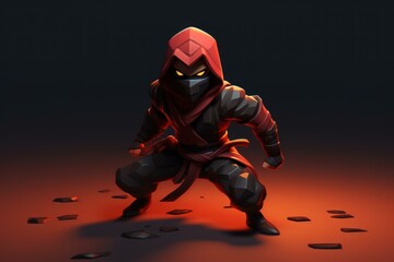 Menacing ninja in full attire strikes a combat pose on a dark backdrop