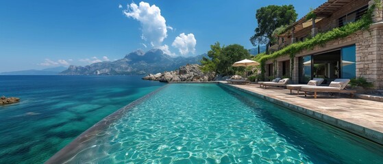 luxury seaside resort pool villar with infinity pool, sunny day summer paradise 
