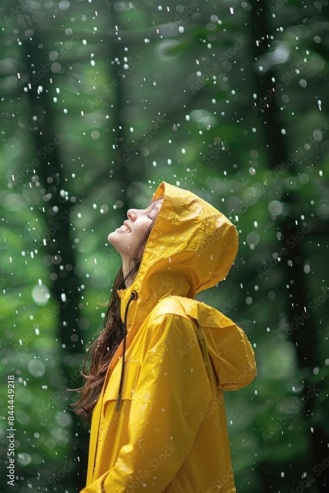 Wall mural a girl in a yellow raincoat. selective focus