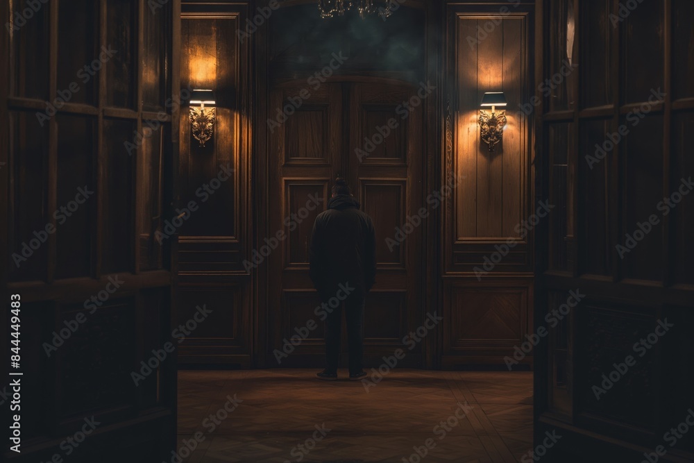 Poster A man stands in a dark room with a door in front of him. Concept of dejavu or déjà vu effect