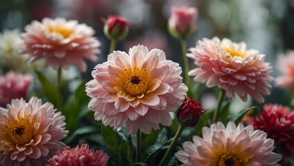 A bountiful bouquet of vibrant flowers adorning a serene white-pink backdrop.