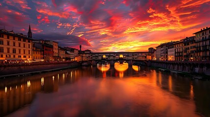 Obraz premium sunset over a river with a bridge and buildings in the background, including a large building and a white building, under a red sky