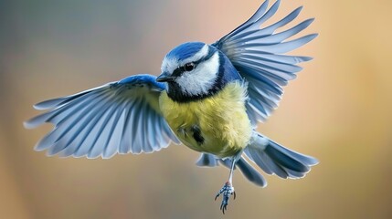 Obraz premium A small bird called a Blue Tit with blue and yellow feathers is flying in Germany.