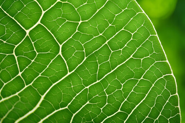 Vivid green leaf close-up, detailed leaf veins, macro photography, nature's intricate patterns, fresh plant texture, vibrant greenery