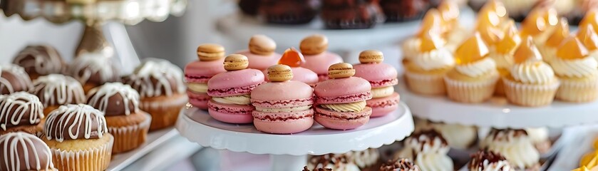 gourmet dessert table adorned with a variety of cupcakes, including pink, white, and chocolate varieties, arranged on a white shelf