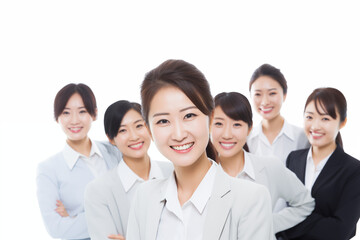 Group of smiling asian businesswomen at work on white background. Women in suits at work. Boss women. Political woman. Image for graphic designer. Business world. Job recruitment. Asia. China. Japan

