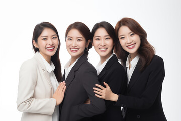 Group of smiling asian businesswomen at work on white background. Women in suits at work. Boss women. Political woman. Image for graphic designer. Business world. Job recruitment. Asia. China. Japan

