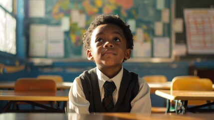 Black boy sitting at the school desk. Back to school