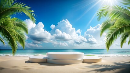 Fototapeta premium 3D Podium on Beach: Product Display Presentation. Perfect for: product presentations, beach-themed designs, vacation advertisements, social media promotions, website banners, advertising posters.