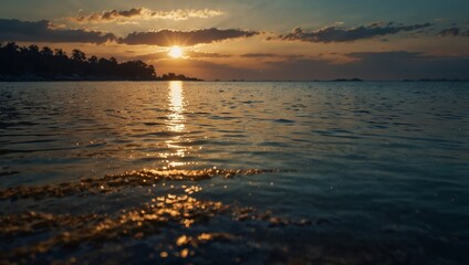 Obraz premium A serene image captures a tranquil lagoon resting atop a golden shore, surrounded by a boundless sky.