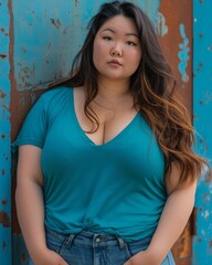 Fototapeta premium Asian woman with long hair wearing a teal shirt