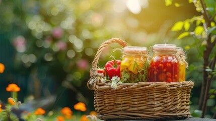 Naklejka premium a basket of vegetables and preserves on the table. Selective focus