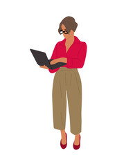 Business woman working on laptop. Pretty lady boss wearing smart office outfit standing with computer. Vector realistic illustration isolated on transparent background.