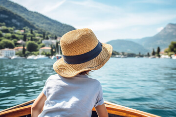 Fototapeta premium Cute child spending weekend vacation on the boat sea ocean river lake, Generative AI