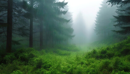 coniferous wet forest during fog in the rain, Green fresh pine needles in the rain, raindrops, pouring rain, beautiful forest,