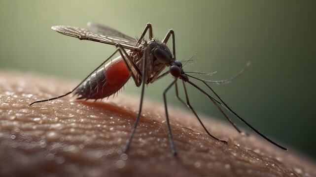 Mosquito bites skin close-up with drinking blood with red body.