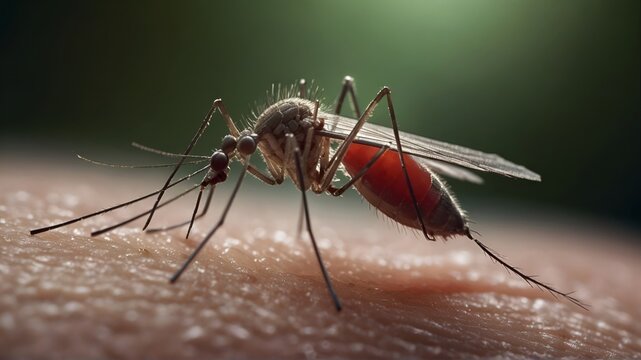 Mosquito bites skin close-up with drinking blood with red body.