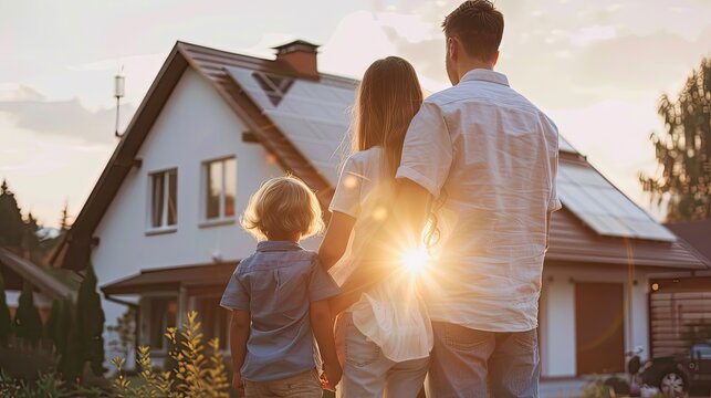 a family looks at a house with solar panels. Selective focus