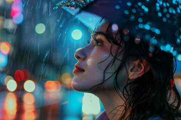 Woman in casual clothes standing on city street at rainy night generative AI