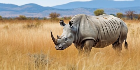 Obraz premium Rhinoceros rhino animal mammal wild grazing on the savannah africa wild nature outdoor field meadow landscape scene