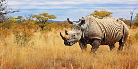 Rhinoceros rhino animal mammal wild grazing on the savannah africa wild nature outdoor field meadow landscape scene