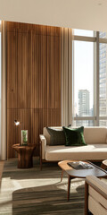 Modern hotel room with elegant bedding and stylish decor. Neutral tones and use of natural light.