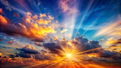 Fototapeta premium Bright Summer Sky with Clouds and Sun Reflection. Perfect for: summer-themed designs, outdoor promotions, nature photography, social media posts, website headers, promotional banners.