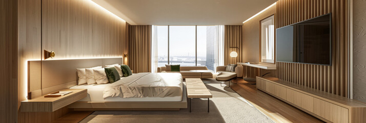 Modern hotel room with elegant bedding and stylish decor. Neutral tones and use of natural light.
