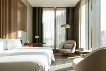 Obraz premium Modern hotel room with elegant bedding and stylish decor. Neutral tones and use of natural light.