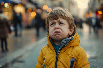 Fototapeta premium Poor little kid lost in big city forest woods airport street, Generative AI modern technology picture