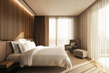 Fototapeta premium Modern hotel room with elegant bedding and stylish decor. Neutral tones and use of natural light.