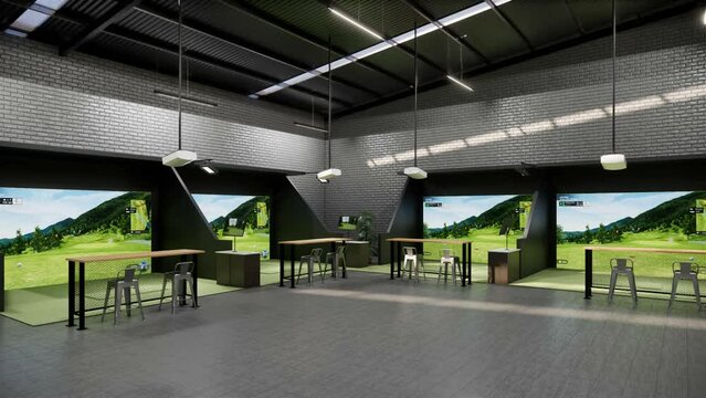 3d rendering of a modern indoor golf simulator with a hitting station, projection screen, and seating area