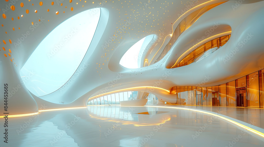 Aufkleber outstanding a building with a curved roof and a large window on the side of it